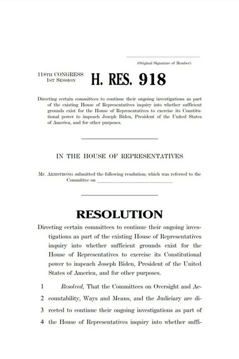 В Конгрессе опубликовали резолюцию по импичменту Байдену. Скрин