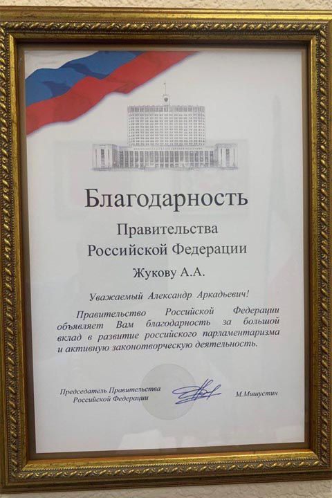 Александр Жуков отмечен благодарностью Правительства России 